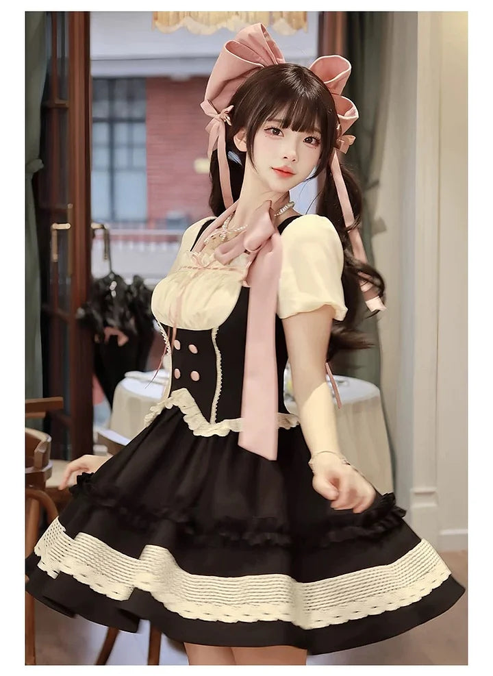 Sweet Black Lace Short Sleeved Dress Lolita Cute Dress Bow