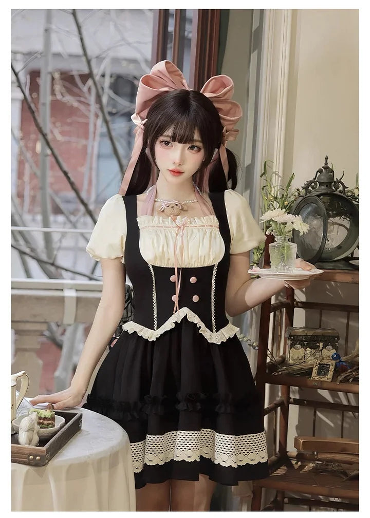 Sweet Black Lace Short Sleeved Dress Lolita Cute Dress Bow