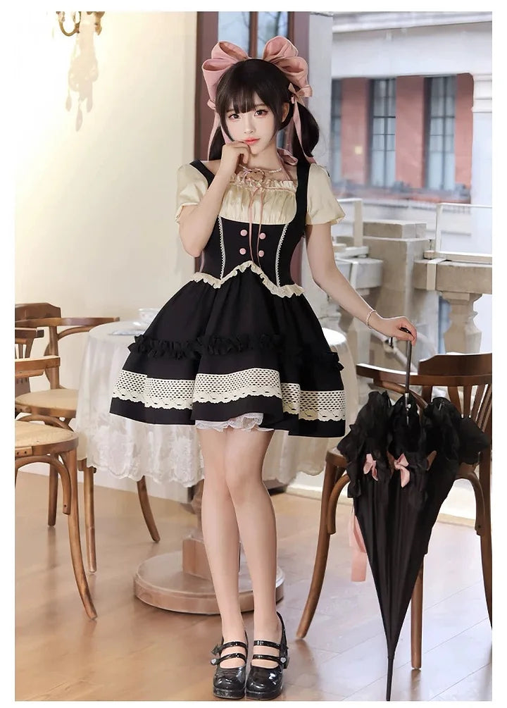 Sweet Black Lace Short Sleeved Dress Lolita Cute Dress Bow