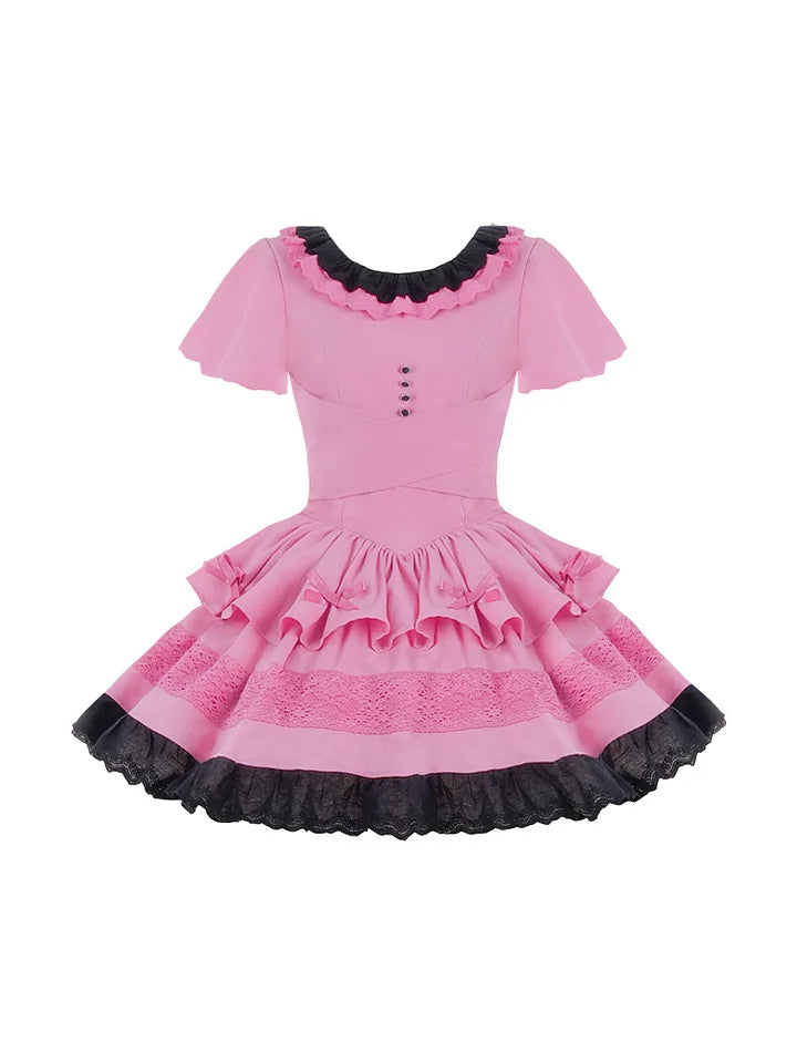 Sweet Black Pink Ruffle Edge Short-sleeved Dress Lolita Cute Princess Dress