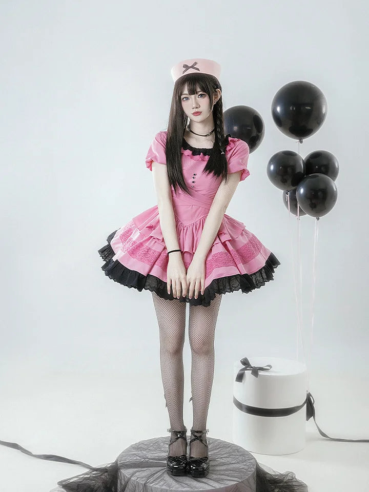Sweet Black Pink Ruffle Edge Short-sleeved Dress Lolita Cute Princess Dress