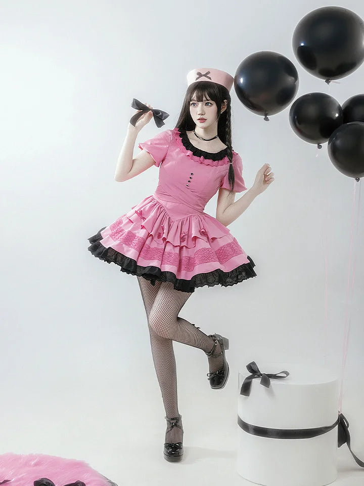 Sweet Black Pink Ruffle Edge Short-sleeved Dress Lolita Cute Princess Dress