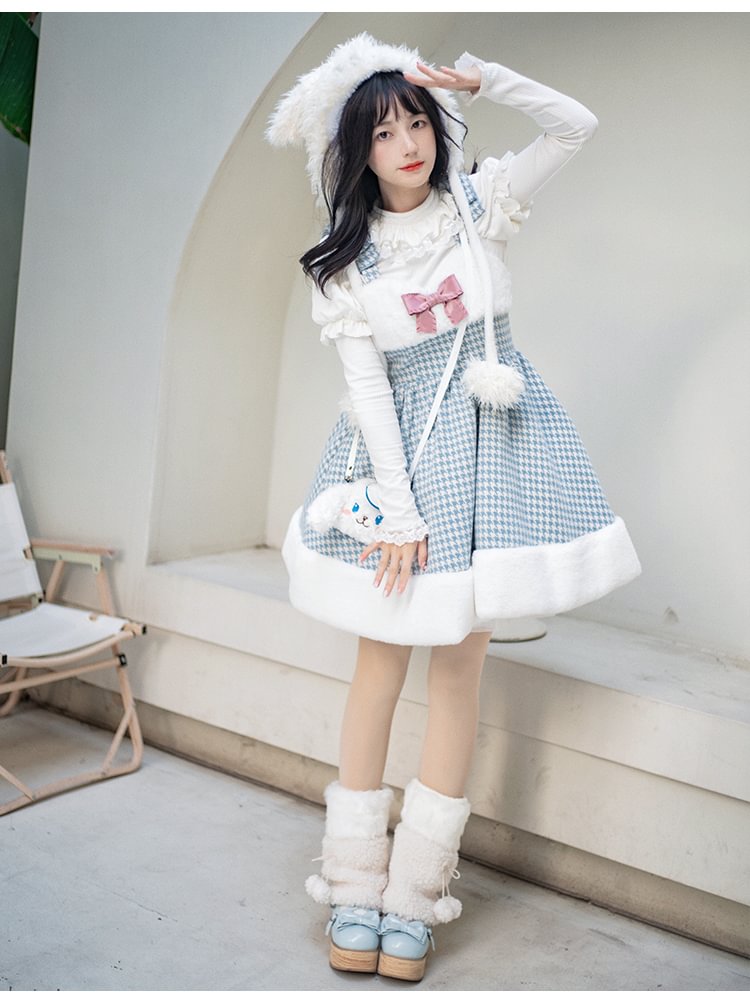 Sweet Blue Houndstooth Woolen Plush Slip Dress Lolita Dress Autumn JSK