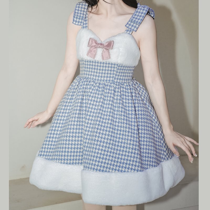Sweet Blue Houndstooth Woolen Plush Slip Dress Lolita Dress Autumn JSK