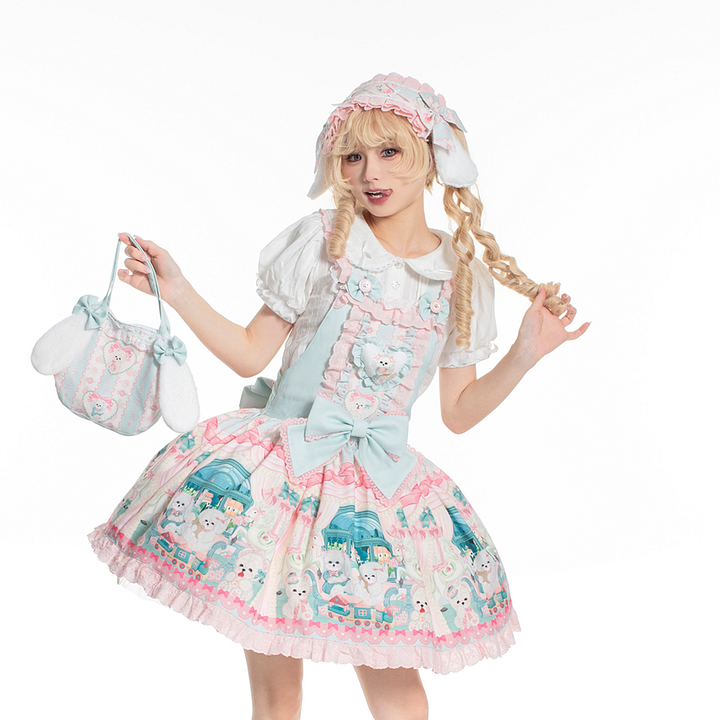 Sweet Bow Printed Pink Green Dress Lolita Strap Skirt JSK