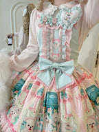 Sweet Bow Printed Pink Green Dress Lolita Strap Skirt JSK