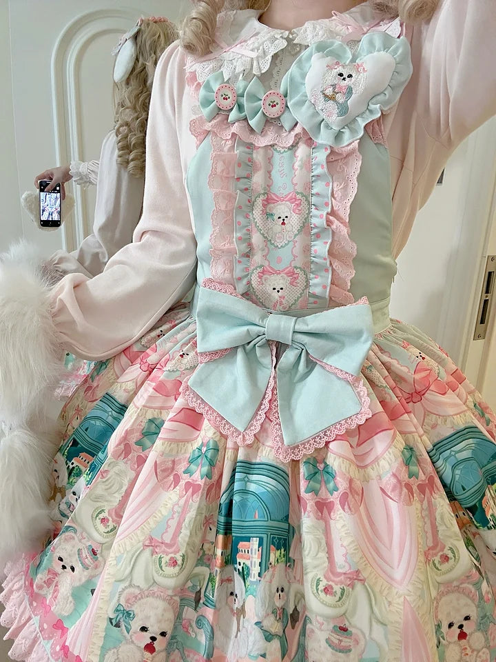 Sweet Bow Printed Pink Green Dress Lolita Strap Skirt JSK