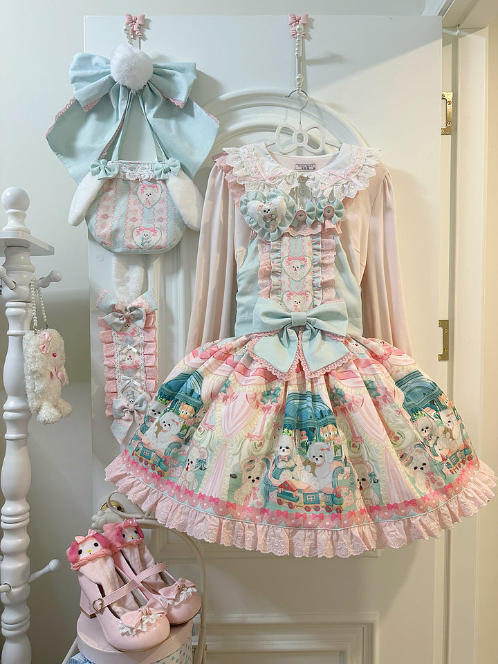 Sweet Bow Printed Pink Green Dress Lolita Strap Skirt JSK