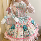 Sweet Bow Printed Pink Green Dress Lolita Strap Skirt JSK