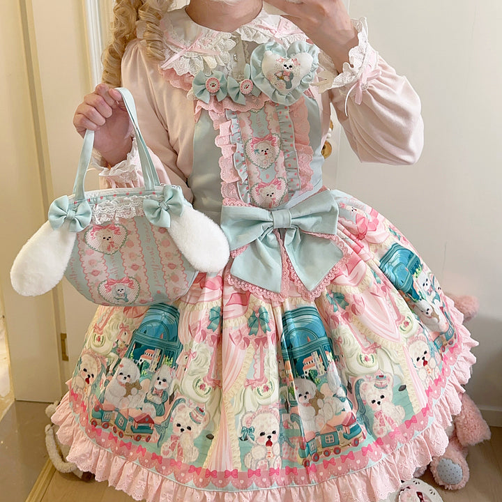 Sweet Bow Printed Pink Green Dress Lolita Strap Skirt JSK