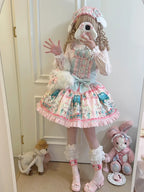 Sweet Bow Printed Pink Green Dress Lolita Strap Skirt JSK
