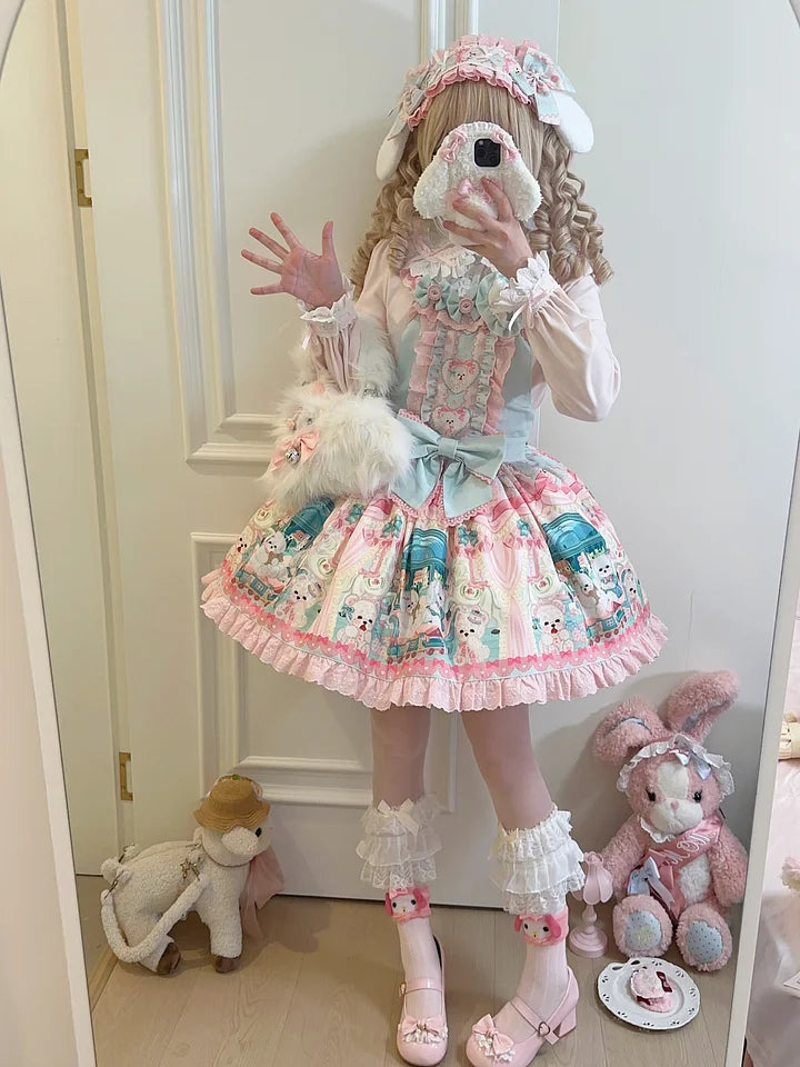 Sweet Bow Printed Pink Green Dress Lolita Strap Skirt JSK