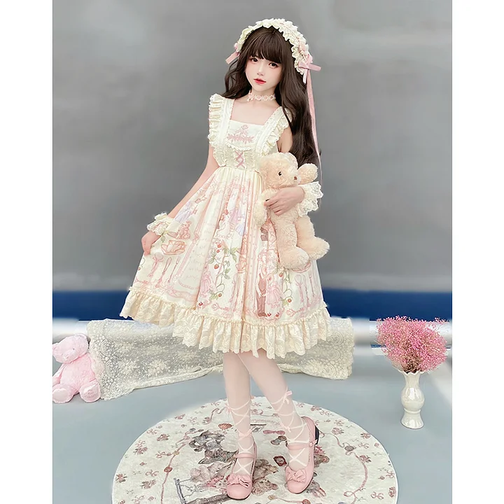 Sweet Cute Doll Sensation Jsk & Op Pink Dress Lolita Short Sleeve Bunny Print