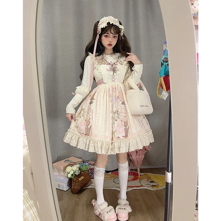 Sweet Cute Doll Sensation Jsk & Op Pink Dress Lolita Short Sleeve Bunny Print