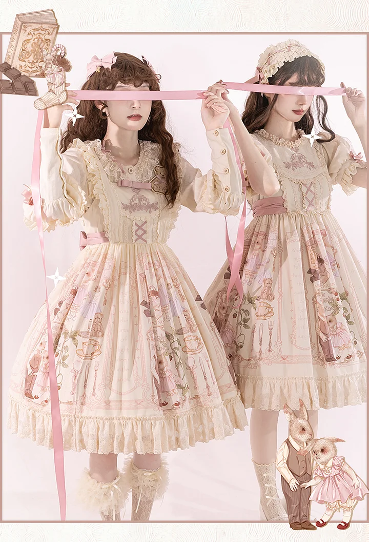 Sweet Cute Doll Sensation Jsk & Op Pink Dress Lolita Short Sleeve Bunny Print