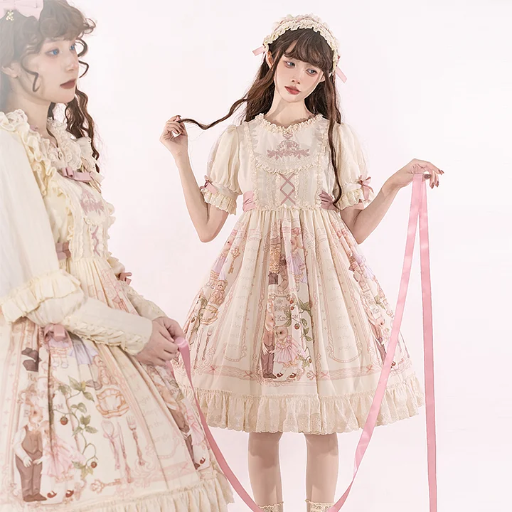 Sweet Cute Doll Sensation Jsk & Op Pink Dress Lolita Short Sleeve Bunny Print