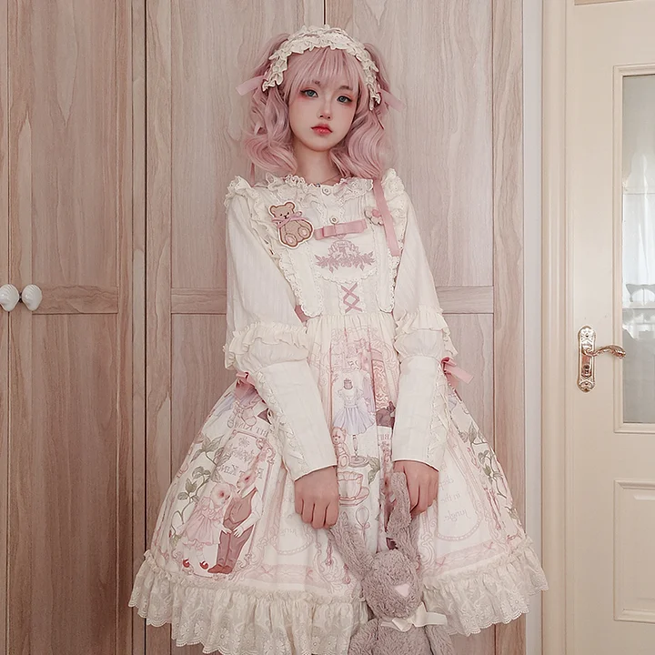 Sweet Cute Doll Sensation Jsk & Op Pink Dress Lolita Short Sleeve Bunny Print