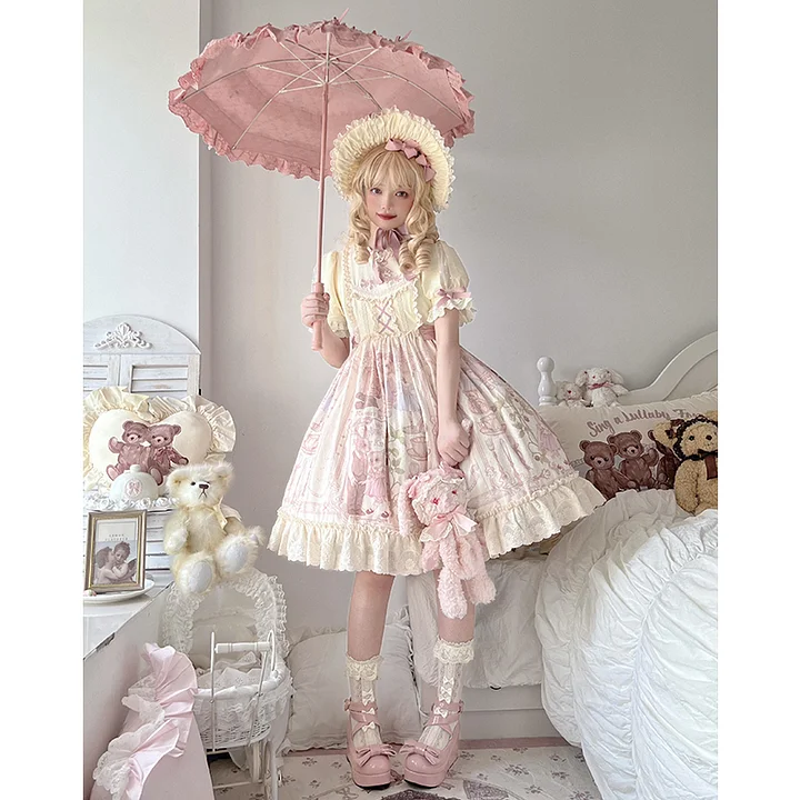 Sweet Cute Doll Sensation Jsk & Op Pink Dress Lolita Short Sleeve Bunny Print