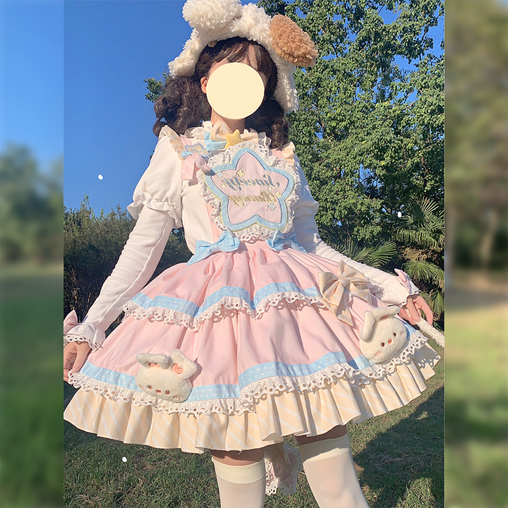 Sweet Cute Rabbit Lace Lolita Strap Lolita Dress Pink Short Sleeve Op Dress Cake Dress