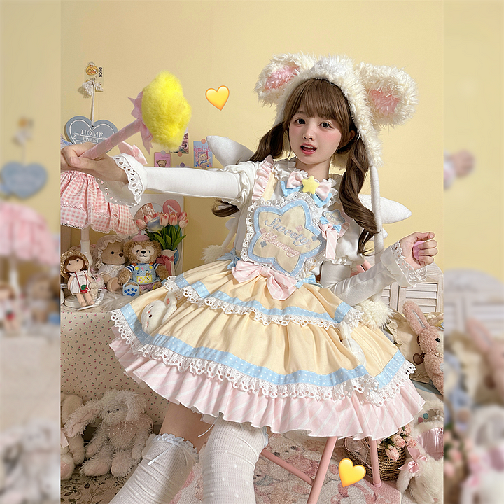 Sweet Cute Rabbit Lace Lolita Strap Lolita Dress Pink Short Sleeve Op Dress Cake Dress