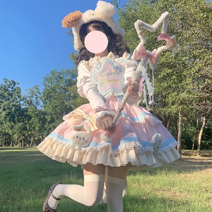Sweet Cute Rabbit Lace Lolita Strap Lolita Dress Pink Short Sleeve Op Dress Cake Dress