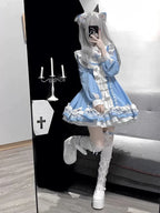 Sweet Gothic Blue Lolita Dress Subculture Y2K Nun Style Halloween Costume OP Japanese Kawaii Outfit