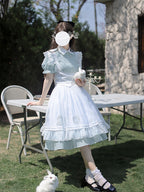 Classic Lolita Light Blue White Dress Plaid French Waist Shirt Dress Embroider Apron