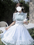 Classic Lolita Light Blue White Dress Plaid French Waist Shirt Dress Embroider Apron