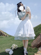 Classic Lolita Light Blue White Dress Plaid French Waist Shirt Dress Embroider Apron