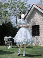 Classic Lolita Light Blue White Dress Plaid French Waist Shirt Dress Embroider Apron