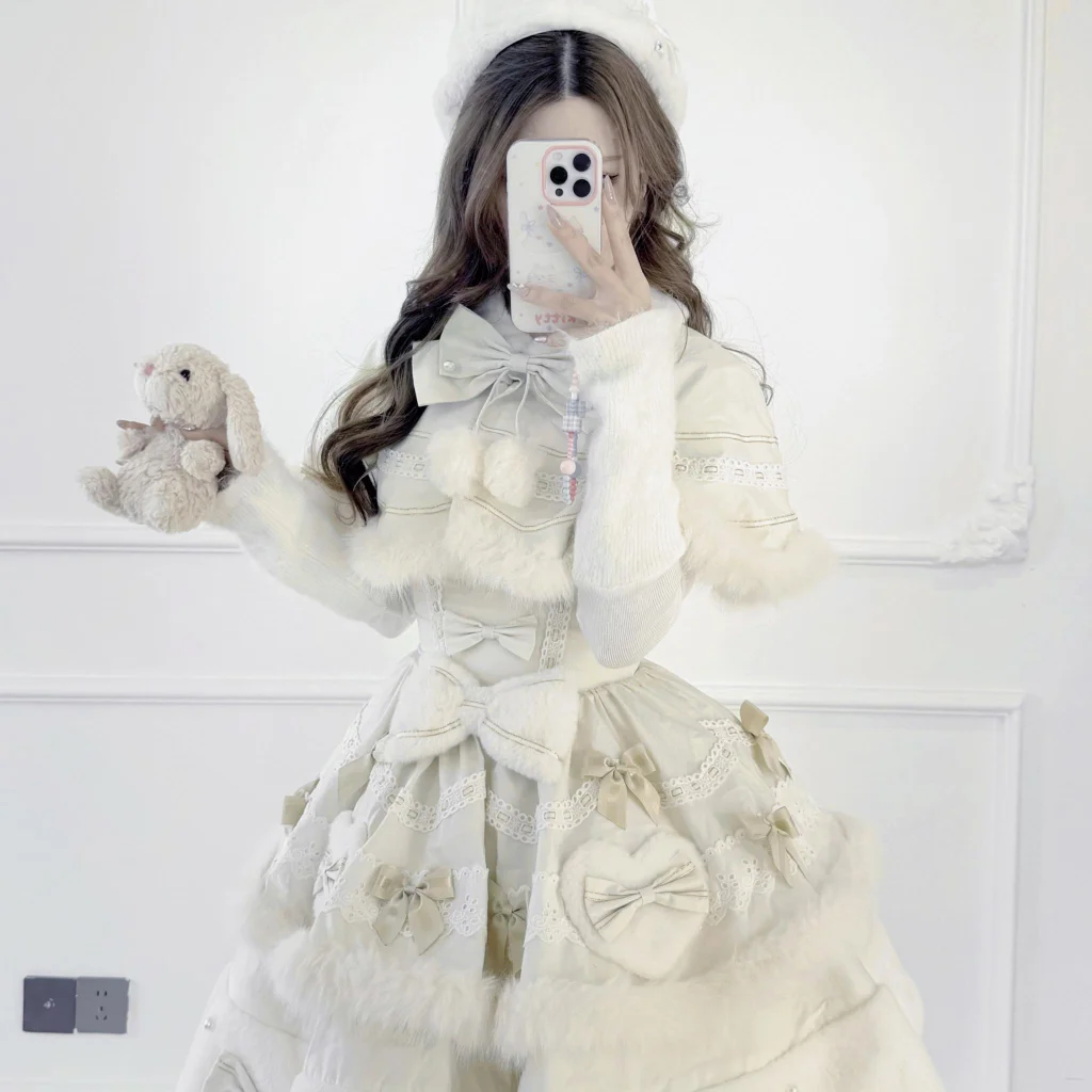 Sweet Lolita Autumn and Winter Apricot Doll Girl Sweet Woolen Cape JSK Cake Skirt Lolita Dress