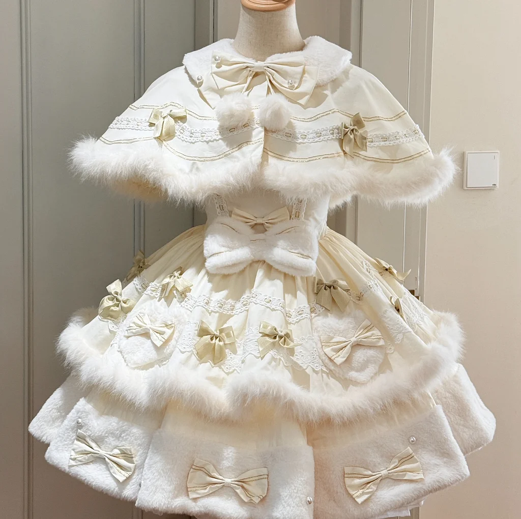 Sweet Lolita Autumn and Winter Apricot Doll Girl Sweet Woolen Cape JSK Cake Skirt Lolita Dress