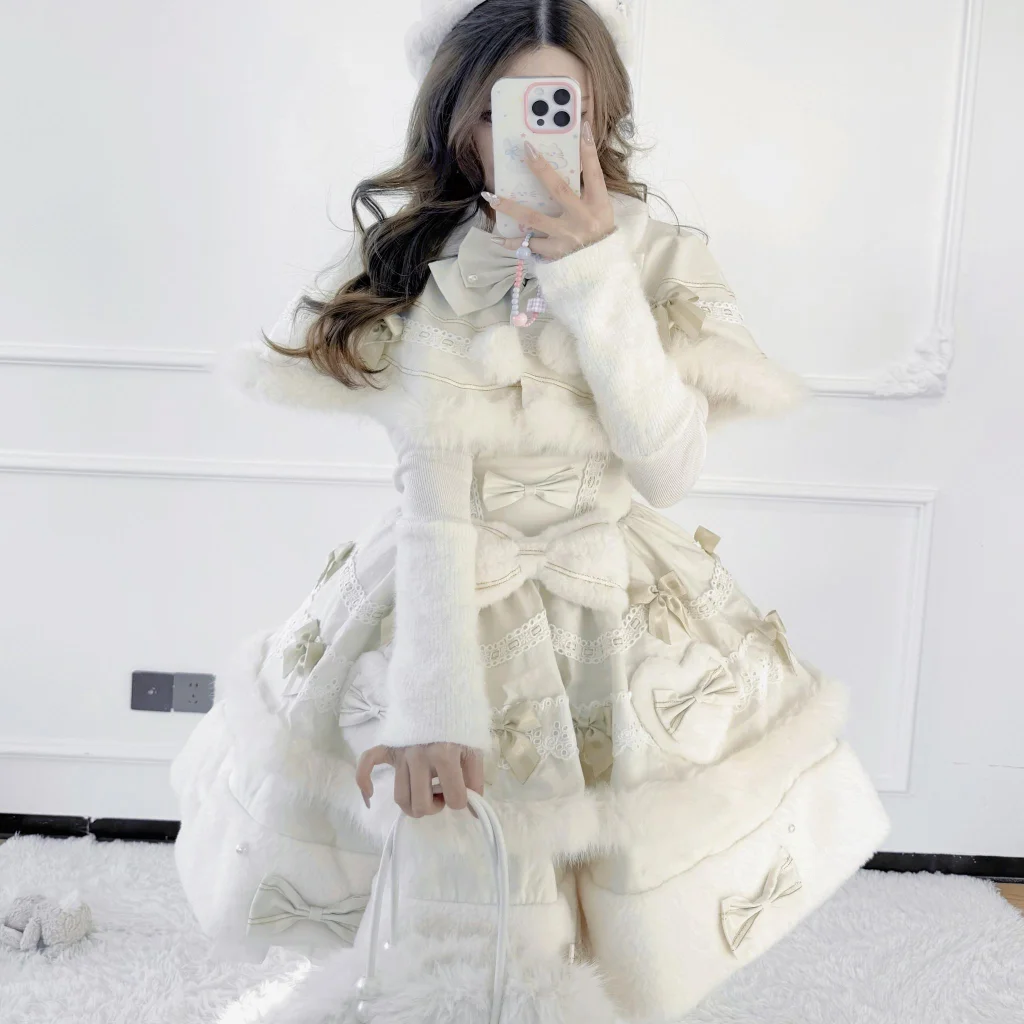 Sweet Lolita Autumn and Winter Apricot Doll Girl Sweet Woolen Cape JSK Cake Skirt Lolita Dress