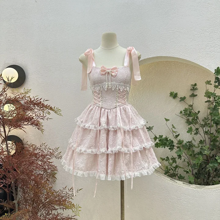 Sweet Lolita Ballet  Cute JSK Short Suspender Cake Skirt Layer Bow Lolita Dresses Summer