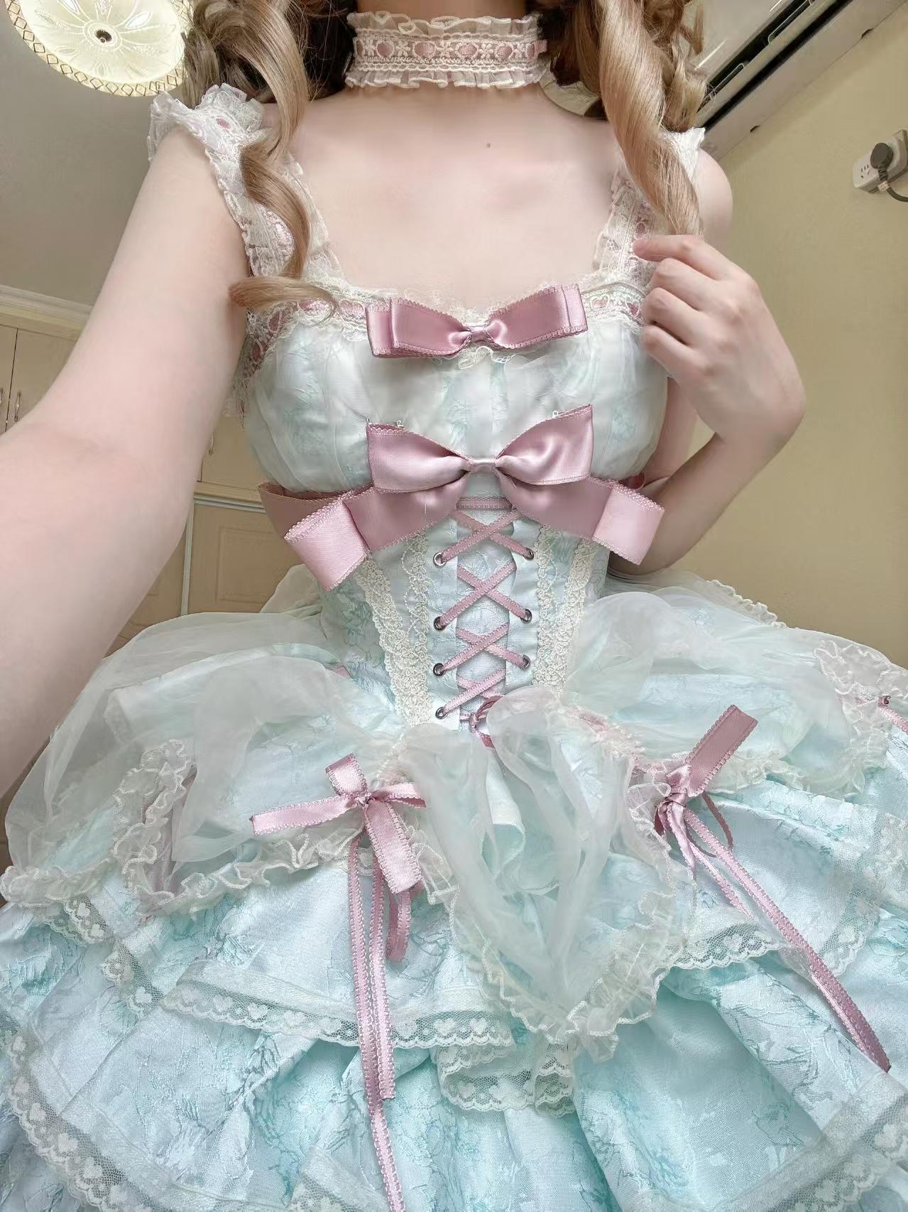 Sweet Lolita Ballet Style Lolita Outfit JSK Princess Dress Girl Green Blue Dress Bow Ball Gown