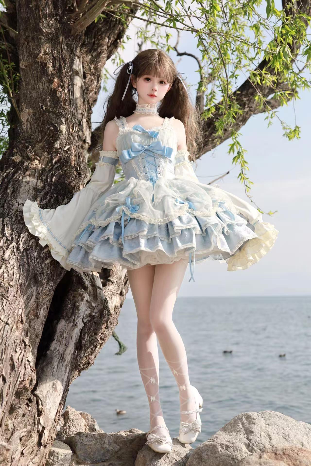Sweet Lolita Ballet Style Lolita Outfit JSK Princess Dress Girl Green Blue Dress Bow Ball Gown