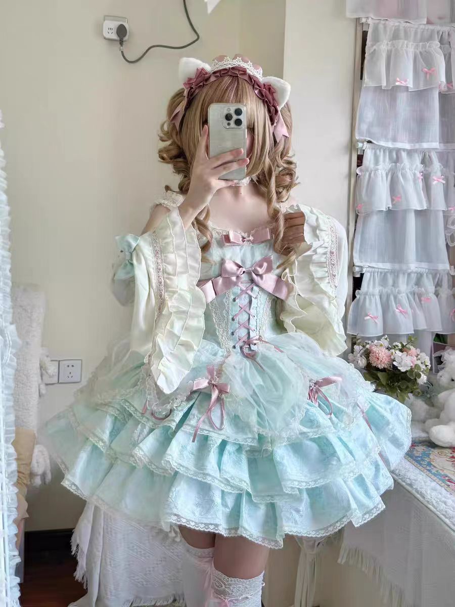 Sweet Lolita Ballet Style Lolita Outfit JSK Princess Dress Girl Green Blue Dress Bow Ball Gown