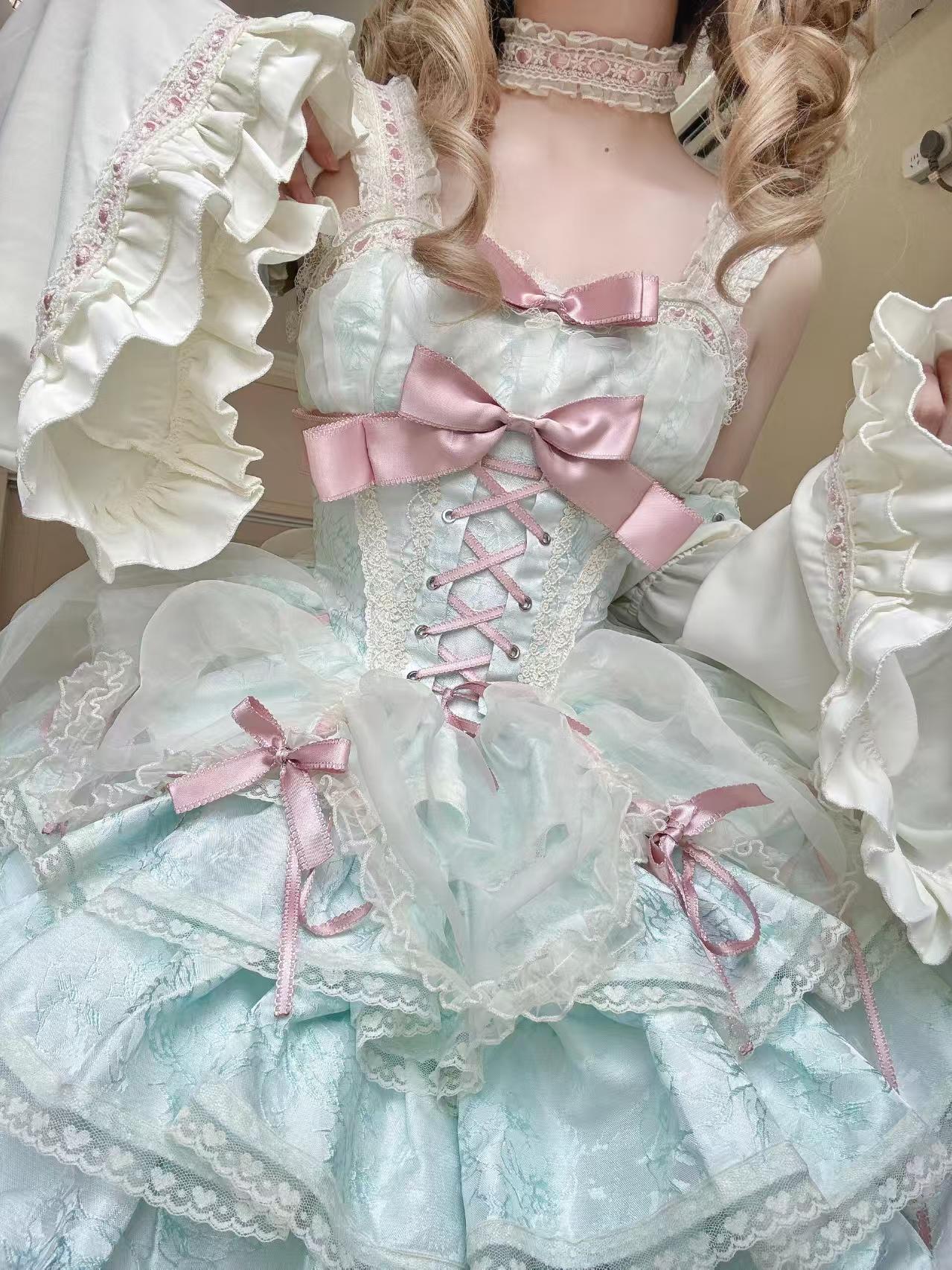 Sweet Lolita Ballet Style Lolita Outfit JSK Princess Dress Girl Green Blue Dress Bow Ball Gown