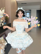 Sweet Lolita Birthday Ballet Gown Blue - White Princess Cake Dress Set Annie Garden