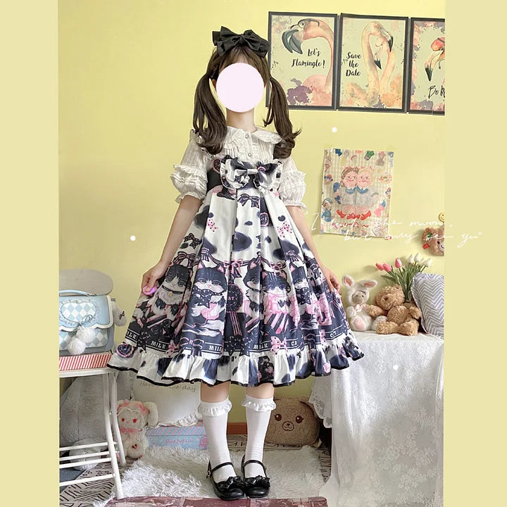 Sweet Lolita Black Cow Cat Sweet Girl Suspender Jsk Dress
