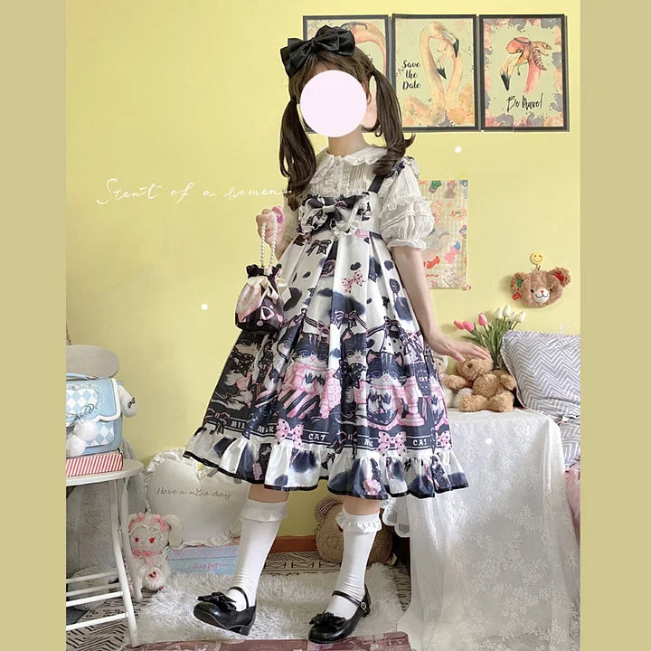 Sweet Lolita Black Cow Cat Sweet Girl Suspender Jsk Dress