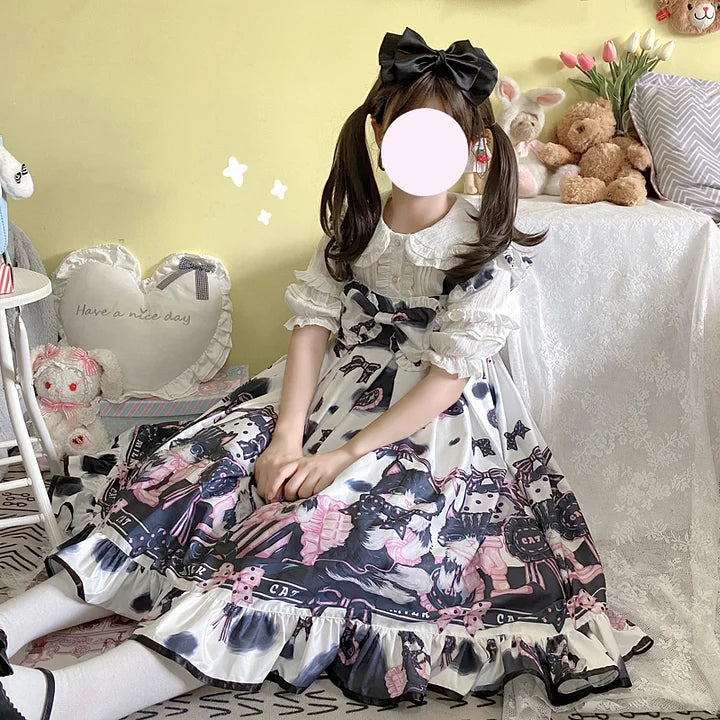 Sweet Lolita Black Cow Cat Sweet Girl Suspender Jsk Dress