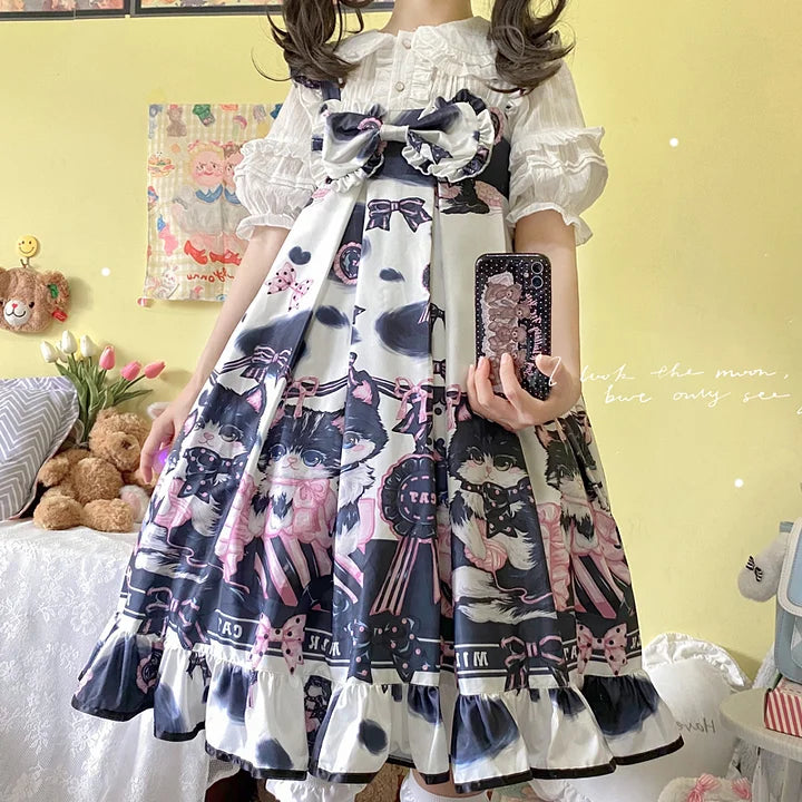 Sweet Lolita Black Cow Cat Sweet Girl Suspender Jsk Dress