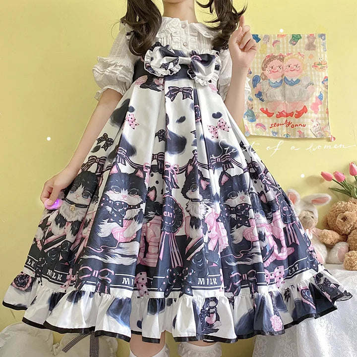 Sweet Lolita Black Cow Cat Sweet Girl Suspender Jsk Dress