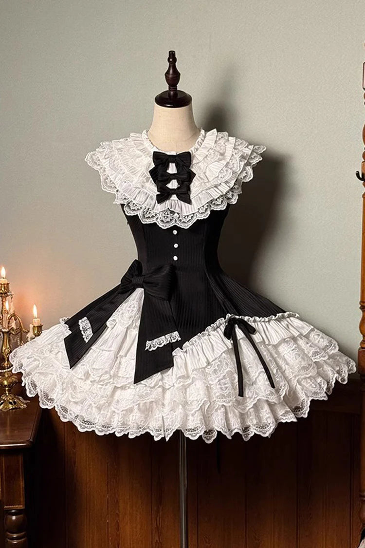 This dress dances between darkness and delight, blending Gothic subtlety with Lolita’s sweet heart. Layer upon layer of lace and ruffles create a dynamic texture, while the asymmetrical hemline adds modern whimsy to classic elegance. The delicate bow accents and sleeveless design offer versatility—perfect for layering or standing alone—inviting the wearer to embrace both mystery and innocence in a single, unforgettable silhouette.