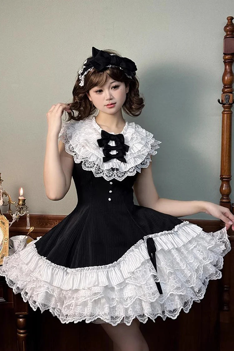 This dress dances between darkness and delight, blending Gothic subtlety with Lolita’s sweet heart. Layer upon layer of lace and ruffles create a dynamic texture, while the asymmetrical hemline adds modern whimsy to classic elegance. The delicate bow accents and sleeveless design offer versatility—perfect for layering or standing alone—inviting the wearer to embrace both mystery and innocence in a single, unforgettable silhouette.