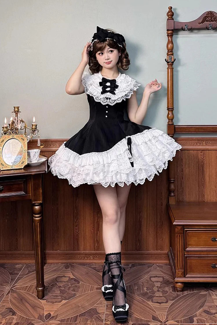 This dress dances between darkness and delight, blending Gothic subtlety with Lolita’s sweet heart. Layer upon layer of lace and ruffles create a dynamic texture, while the asymmetrical hemline adds modern whimsy to classic elegance. The delicate bow accents and sleeveless design offer versatility—perfect for layering or standing alone—inviting the wearer to embrace both mystery and innocence in a single, unforgettable silhouette.