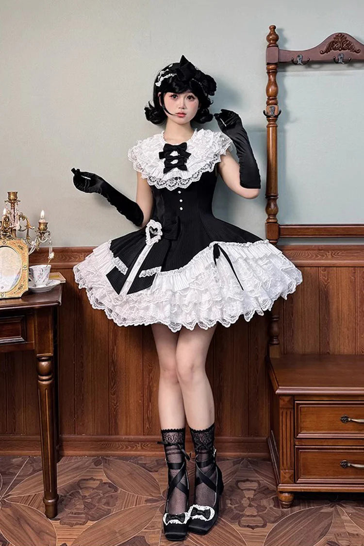 This dress dances between darkness and delight, blending Gothic subtlety with Lolita’s sweet heart. Layer upon layer of lace and ruffles create a dynamic texture, while the asymmetrical hemline adds modern whimsy to classic elegance. The delicate bow accents and sleeveless design offer versatility—perfect for layering or standing alone—inviting the wearer to embrace both mystery and innocence in a single, unforgettable silhouette.