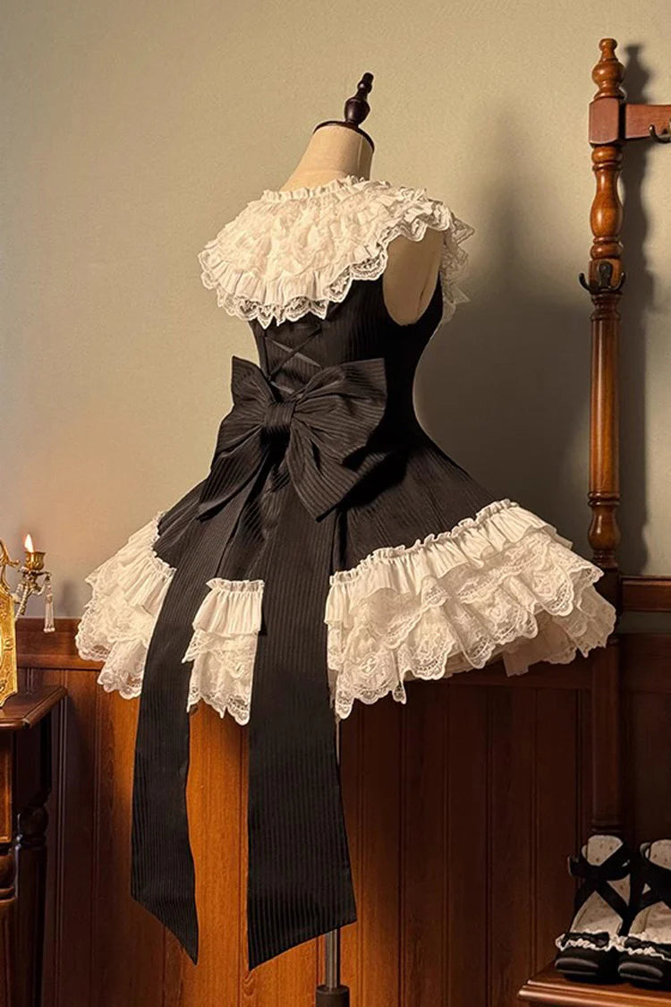 This dress dances between darkness and delight, blending Gothic subtlety with Lolita’s sweet heart. Layer upon layer of lace and ruffles create a dynamic texture, while the asymmetrical hemline adds modern whimsy to classic elegance. The delicate bow accents and sleeveless design offer versatility—perfect for layering or standing alone—inviting the wearer to embrace both mystery and innocence in a single, unforgettable silhouette.