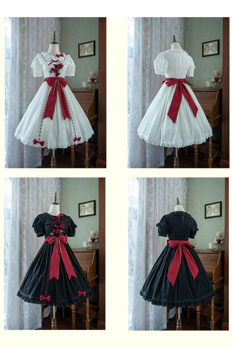 This collection offers two timeless interpretations of Lolita elegance: the profound mystery of classic black and the pristine sweetness of pearl white. Both versions feature the same meticulous design—playful short sleeves, cascading ruffles, and satin bow accents—allowing wearers to choose a hue that reflects their unique style narrative. Whether embodying poetic darkness or luminous innocence, each dress celebrates the harmonious balance between tradition and fantasy.